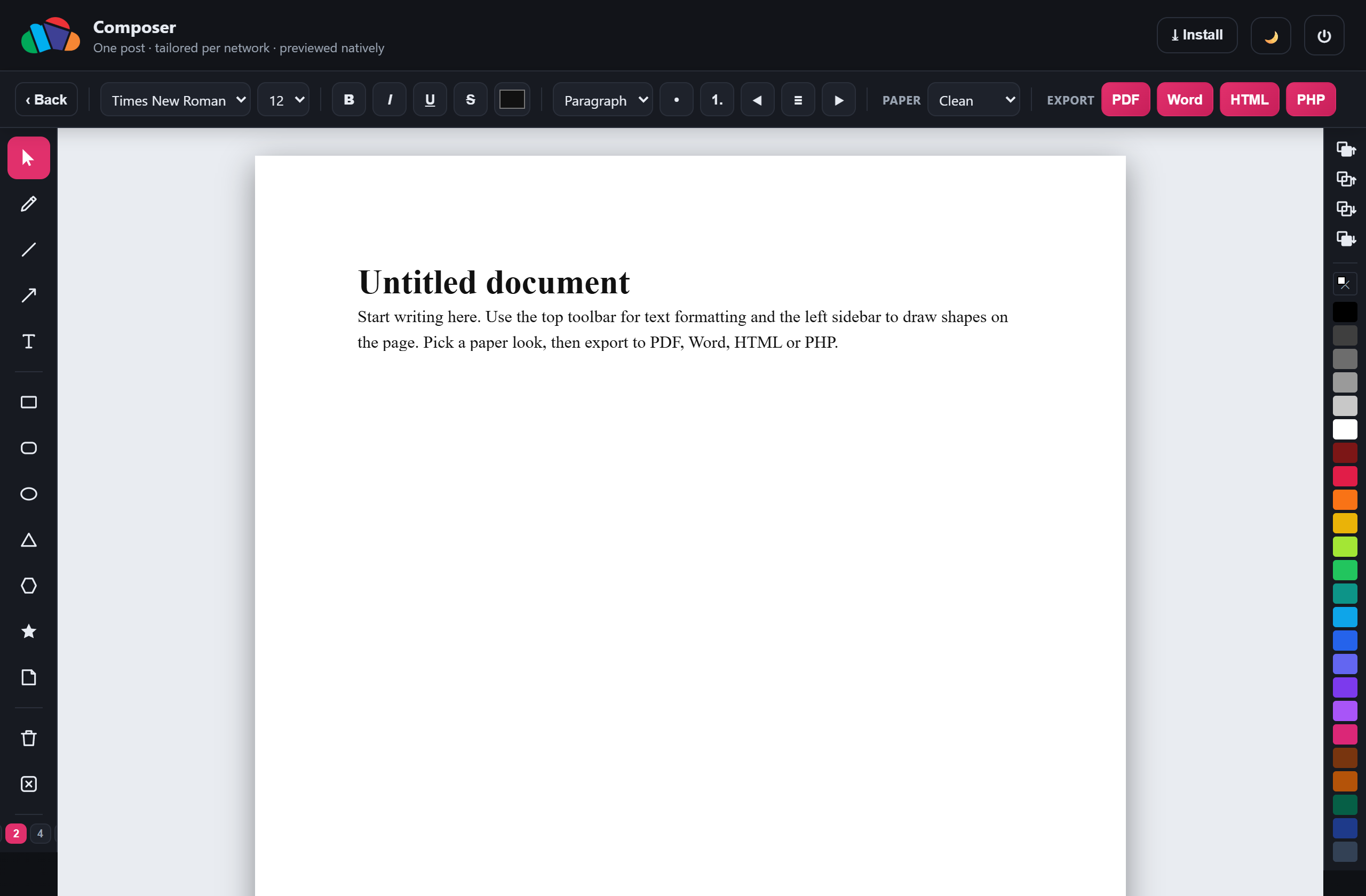 The built-in word processor with shape tools and export options