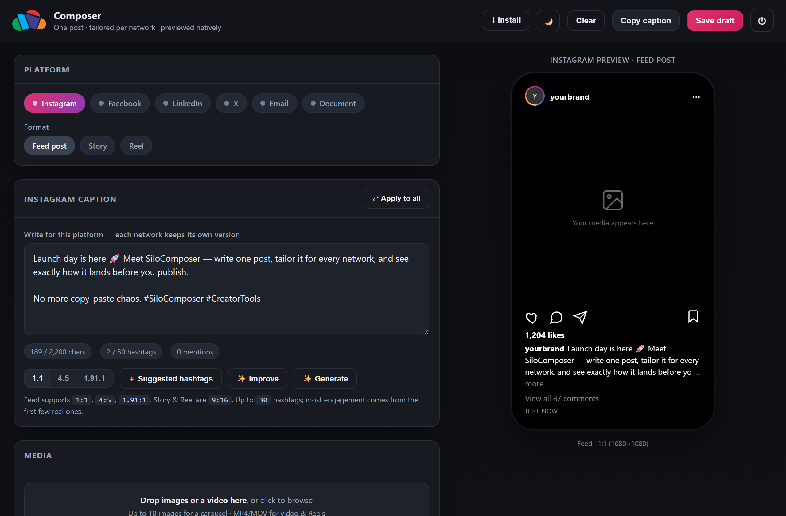 Composing an Instagram feed post with a live native preview