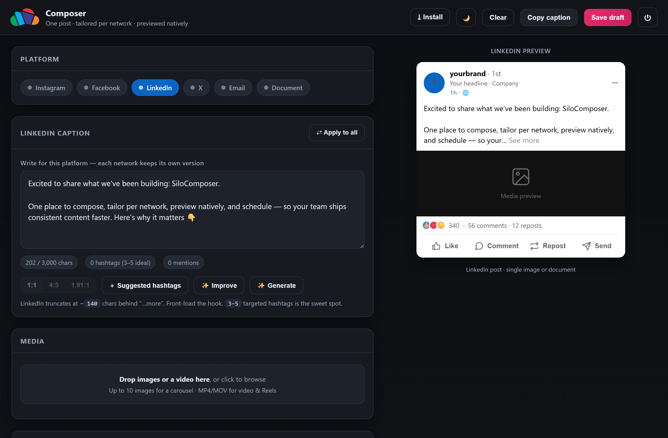 A LinkedIn post preview with platform-specific guidance